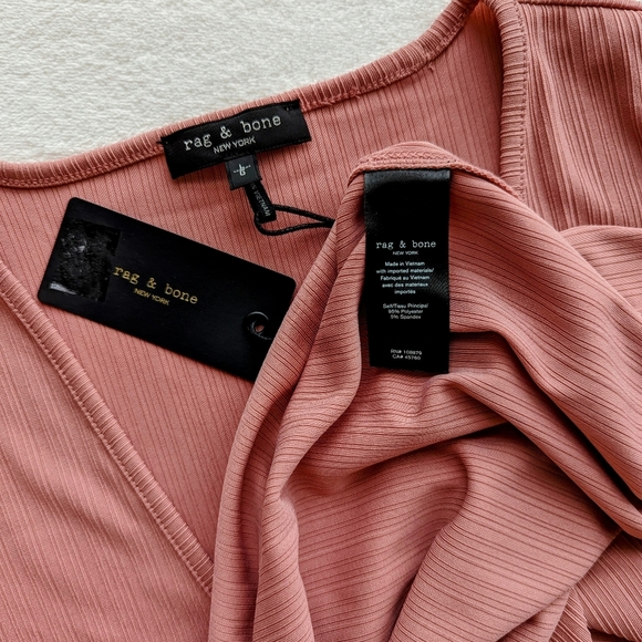 rag & bone Zoe Top Deep Vee Long Sleeve Ribbed Crepe Fitted Mauve L NWT - Picture 13 of 14